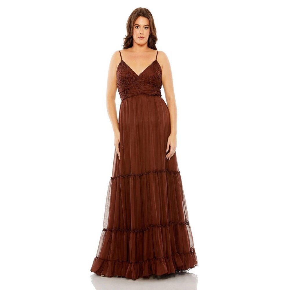 MAC DUGGAL Size 16 Brown Tiered V-Neckline Ruched Formal Prom Gown Dress New